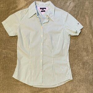 Tommy Hilfiger White & Green Striped Short Sleeve Button-Up